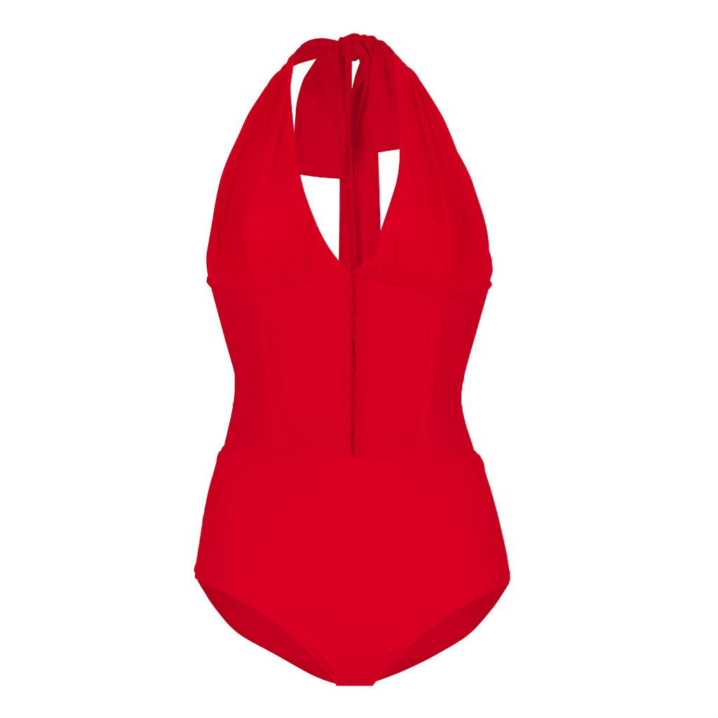 Flat lay of the Yollanda Rouge corset swimsuit – handmade in Italy with sculpting fabric