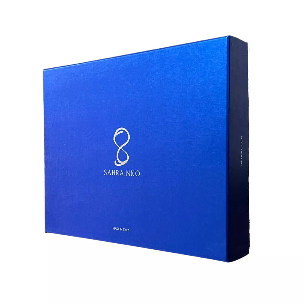 Elegant blue packaging – Sahra.Nko signature box for corset swimwear
